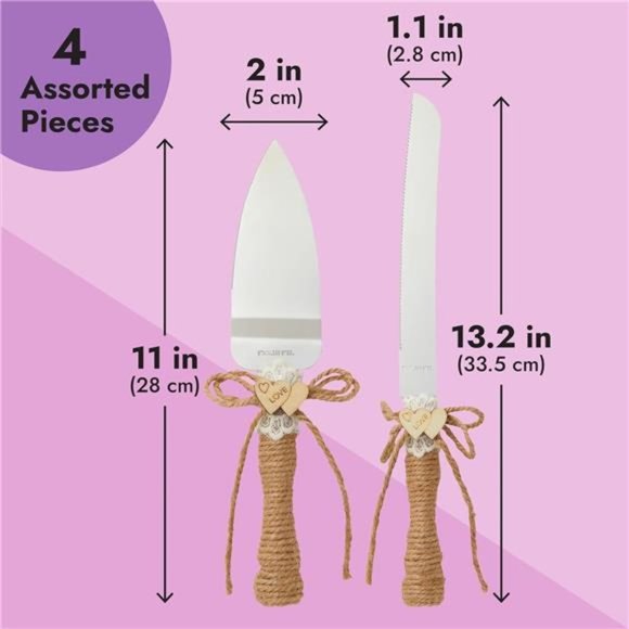 4 Piece Rustic-Style Wedding Cake Knife and Server Set with Champagne Glasses - Picture 4 of 7